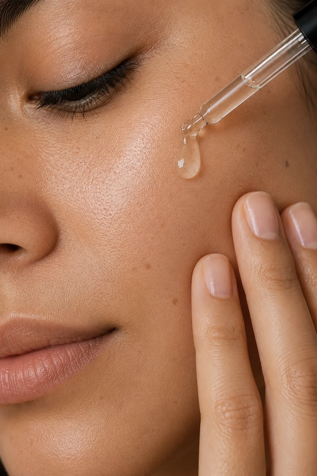 Aplicación del sérum facial con gotero sobre el pómulo, sobre piel limpia.